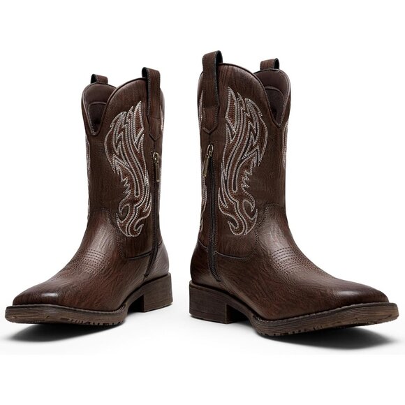 Jousen Mens Amy8420-darkbrown Embroidery Retro Square Toe Chunky Heeled Boots - Picture 6 of 8